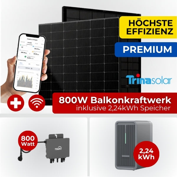 PREMIUM Balkonkraftwerk Komplettset 800W Bifazial mit Speicher